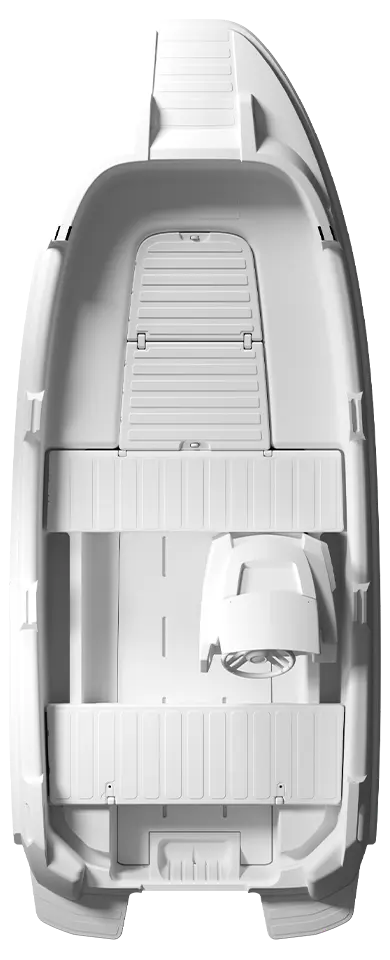 Top-down view of a Hydra 450 Fishing boat by ROTO Nautica with seating, a steering wheel, and an open deck.