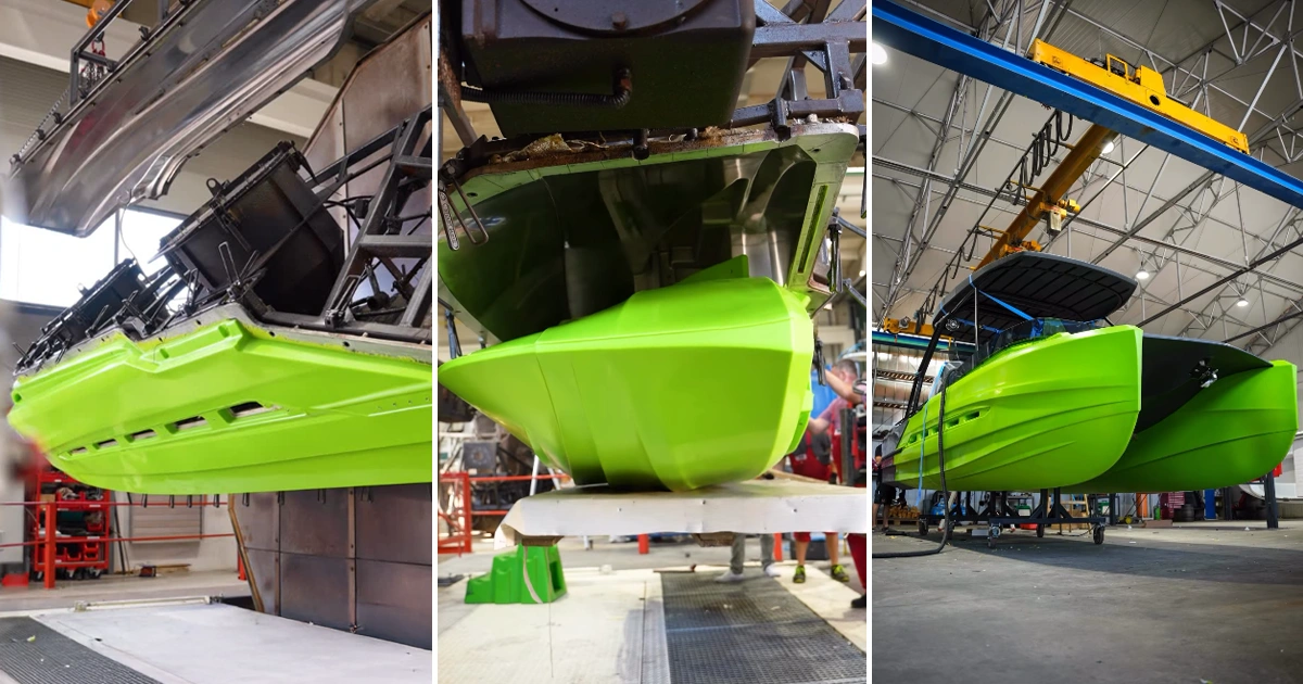 A lime-green Korkyra 650, one of ROTO Nautica’s rotomolded boats, on the production line.